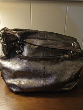 Metallic Pewter Coach Shoulder Bag - Women's Fashion Handbag